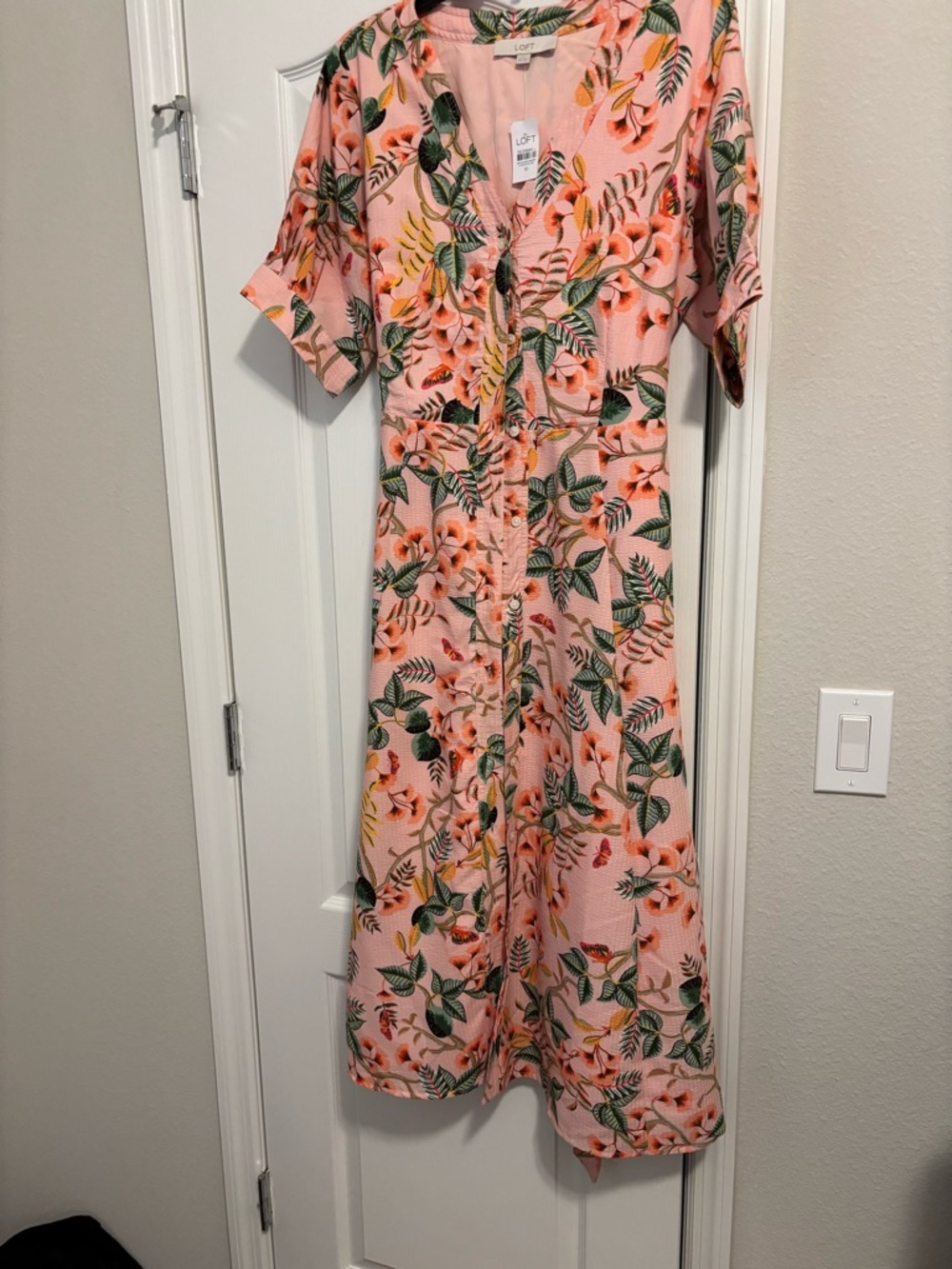 LOFT Pink Floral Button-Down Midi Dress with Green Leaf Print